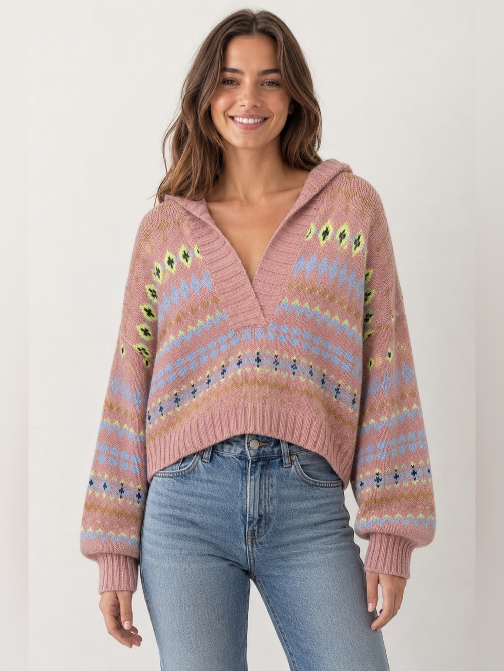 EASEL Women’s Pink Multicolor Hooded V-Neck Sweater Size Medium
